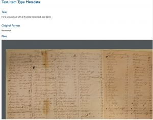 Screen capture of the displayed metadata and original format alongside a pdf preview window of the manuscript, which details the names and histories of slaves to be sold.