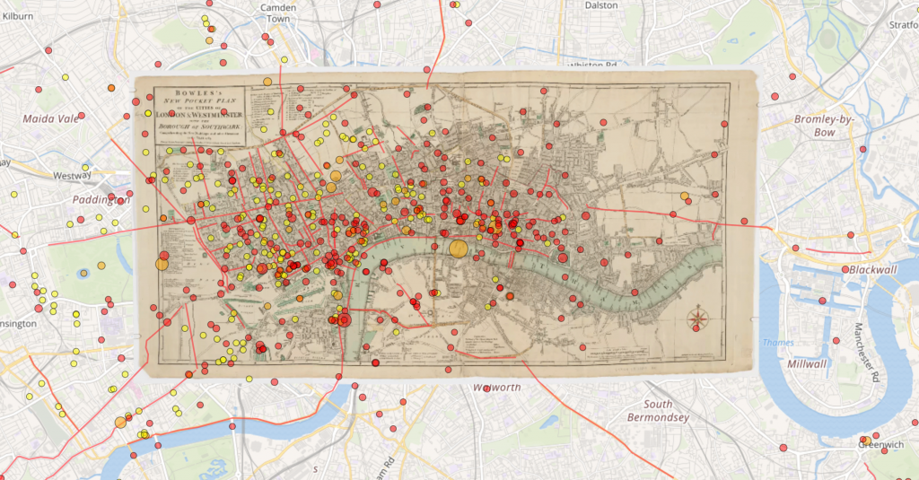 A late 18th Century map of London overlaid the map of present-day London 