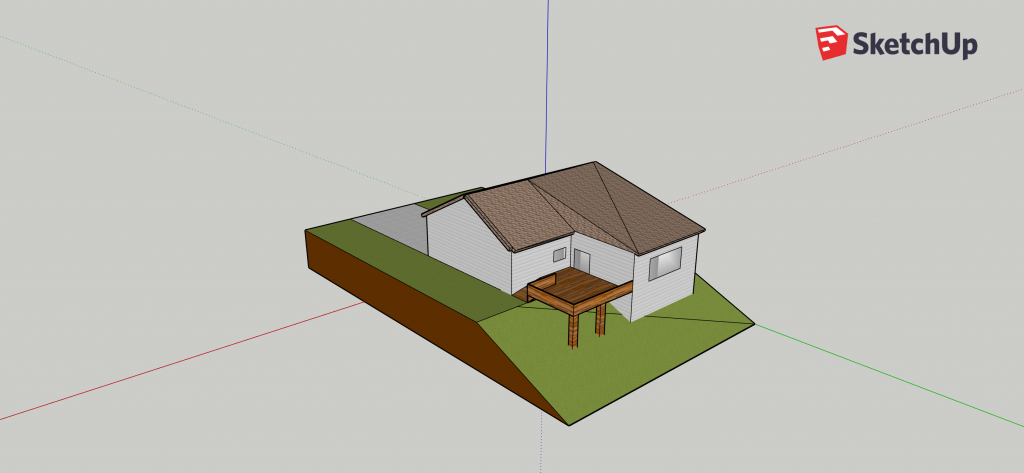 This is a rear view image of the house I created in SketchUp. The house sits on a hill; it is one story in the front and two stories in the back. It has a deck with a ramp in the back left corner.