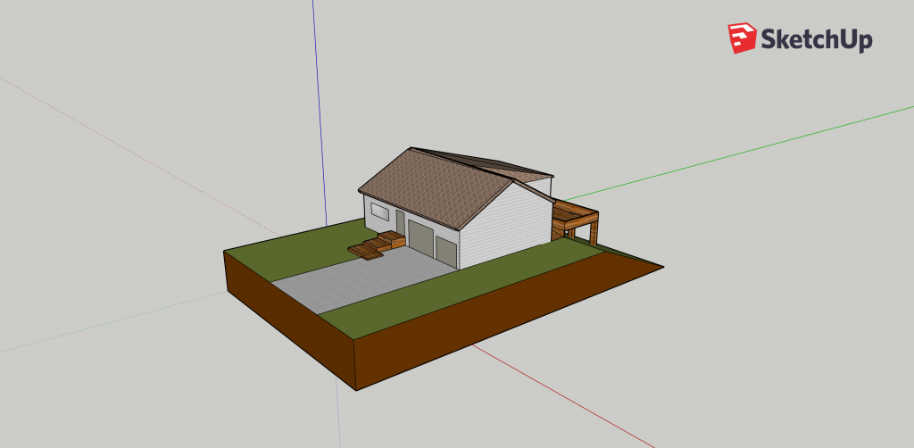 This is picture of the front view of the  house in SketchUp. It is one story, there is a driveway, and it has a two-door garage. 