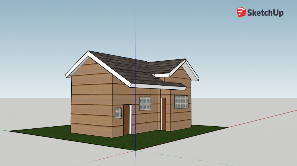 A 2D image of Diana's house in SketchUp at an angle.  Both front doors are visible at this angle.