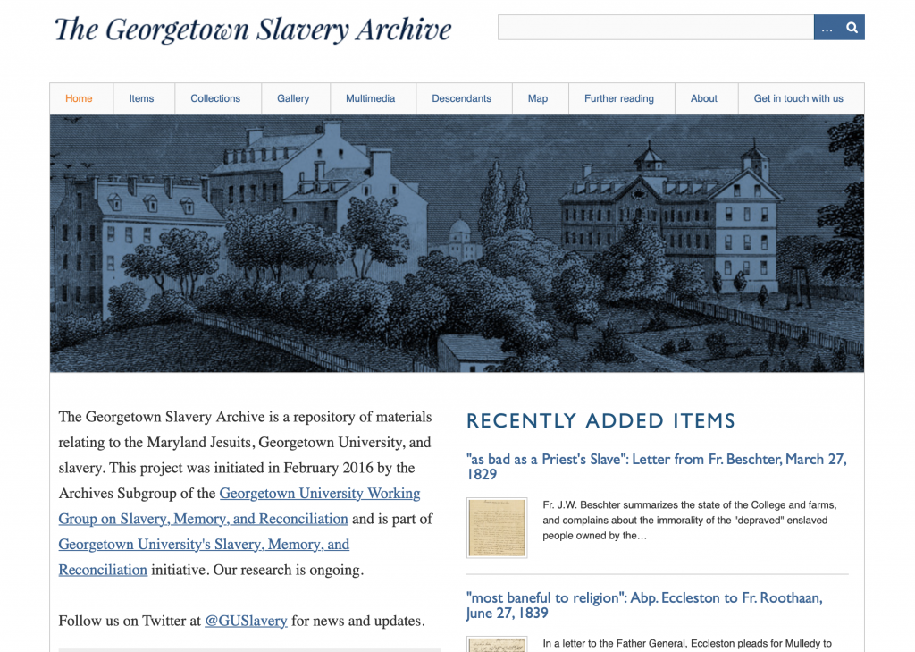 A picture of the Georgetown Slavery Archive home page