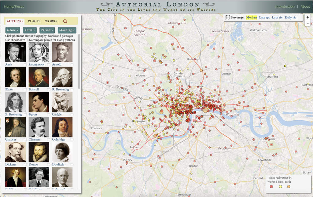 A screenshot of Authorial London's homepage, including the map with location dots and a bank of authors.