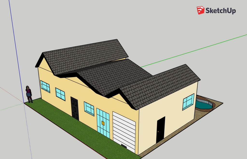 View of a 3D model of a house from a forward, diagonal angle 