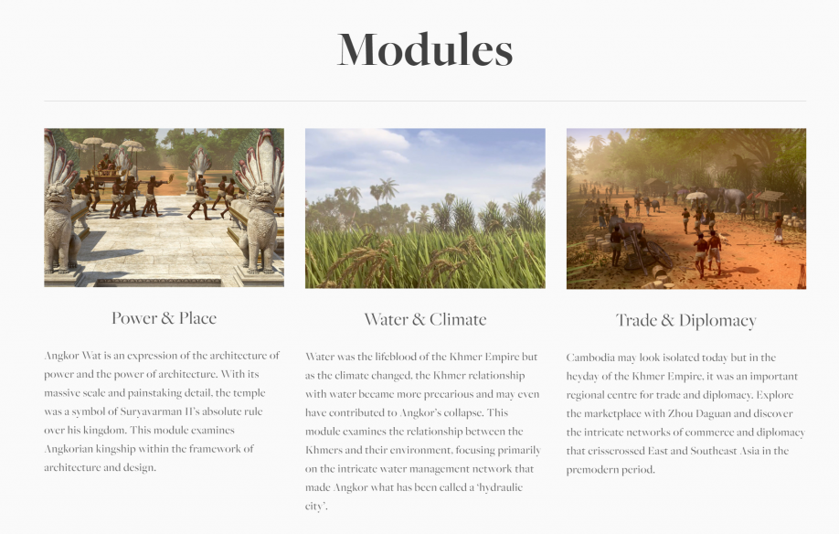 Image of the three teaching modules on the Virtual Angkor website.