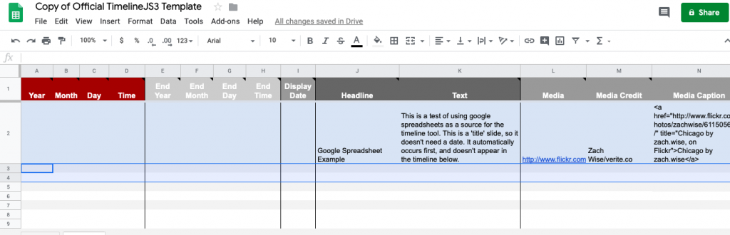 Screenshot  of the google sheet template for timelineJS depicting the various fields required