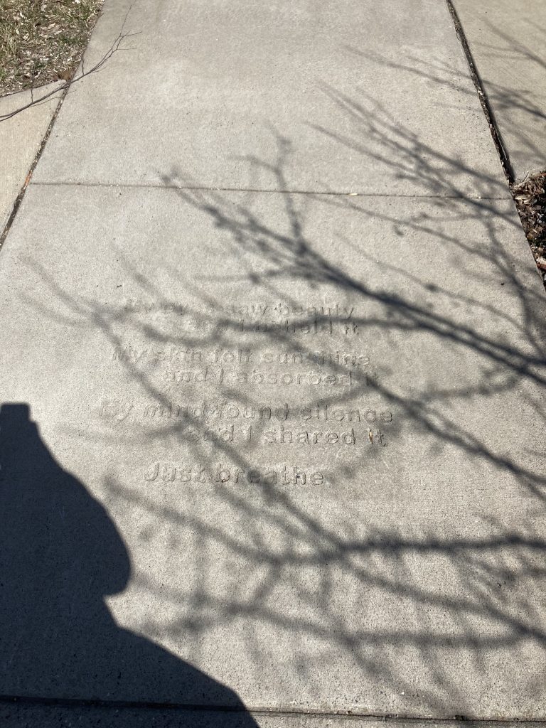 sidewalk poem reading "My eyes saw beauty and I beheld it/ My skin felt sunshine and I absorbed it/ My mind found silence and I shared it/ Just breath.