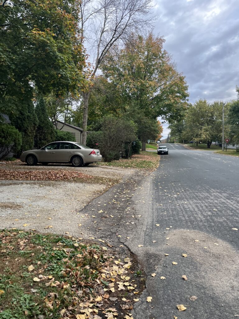 Street view shows  a road and some driveways with cars.
