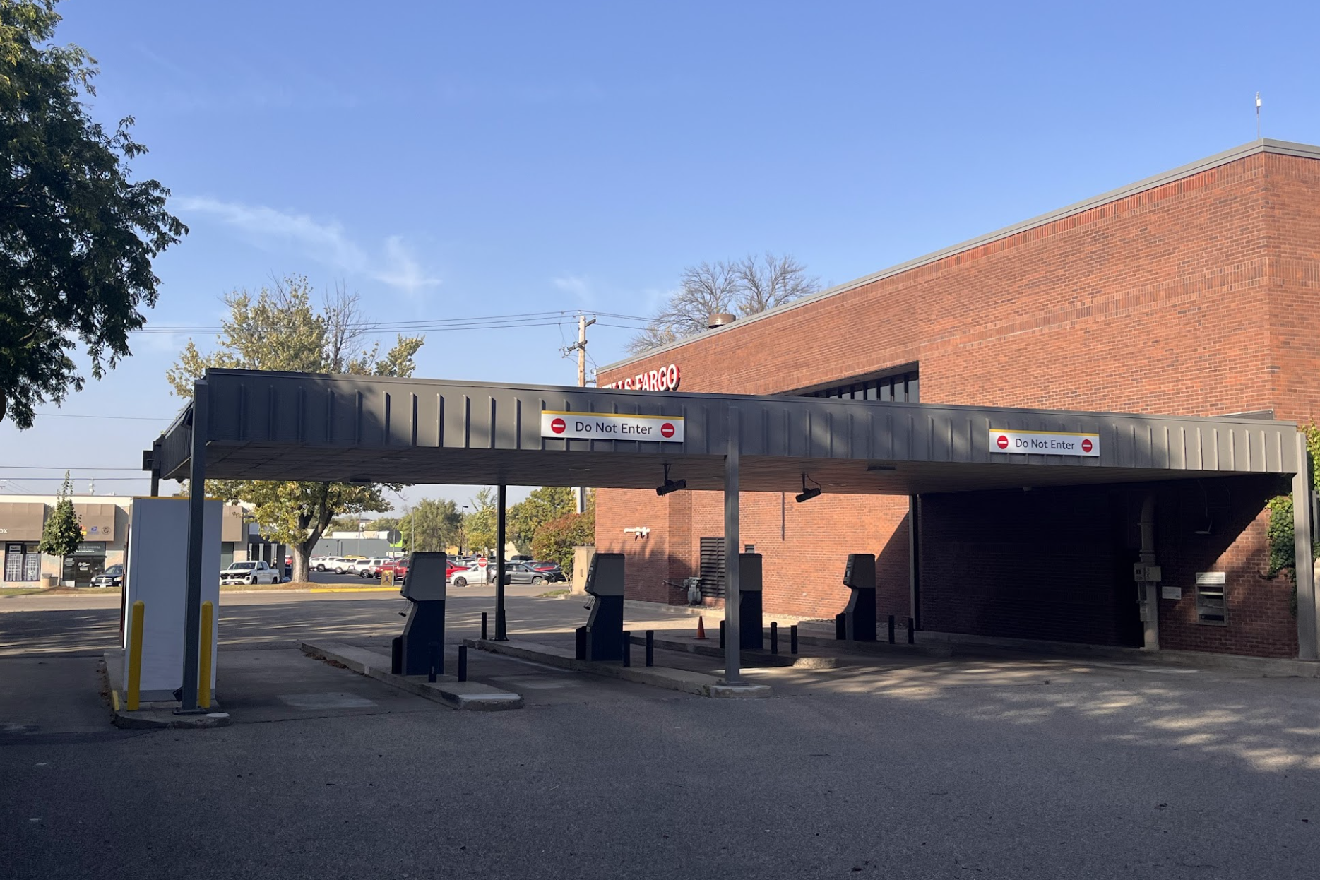 Bank drive through with "do not enter" sign