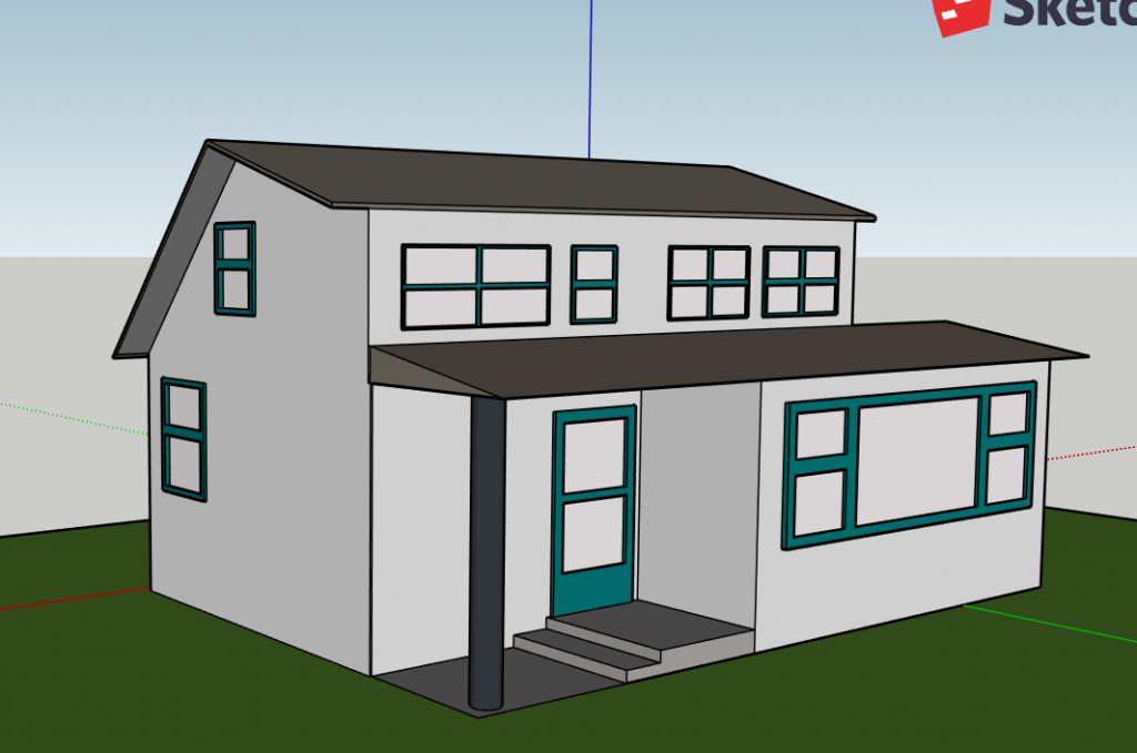 Screenshot of the back of a 3D model of a house showing a first floor with large window and small porch and second floor with multiple windows of varying size.